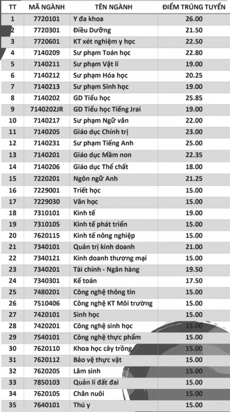 diểm chuẩn đại học tay nguyên